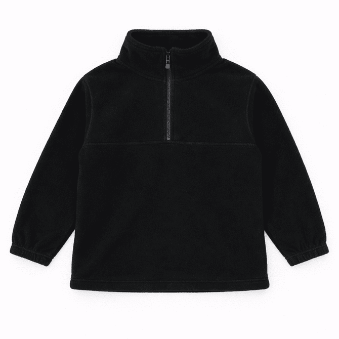 A black polar fleece 1/4 zip pullover with a high collar and elasticated cuffs, featuring a logo.
