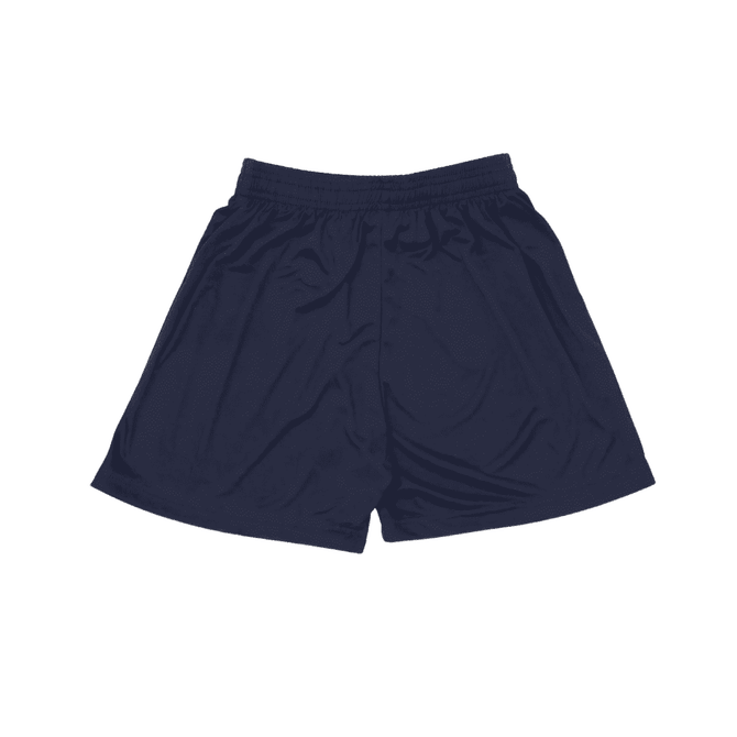 Navy blue youth shorts with an elastic waistband. Features a logo on the side.