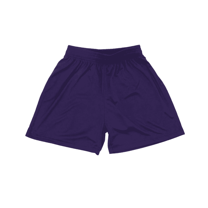 Purple youth shorts featuring a breathable fabric and an elastic waistband, with a logo present.