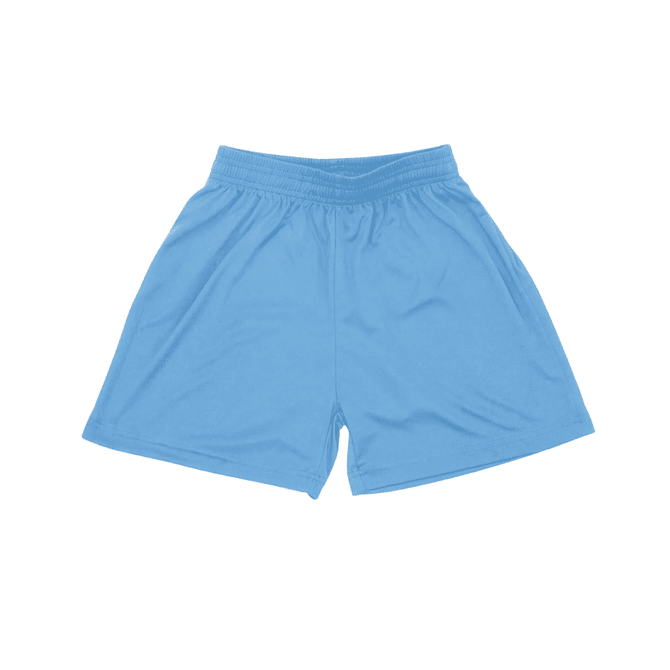 Light blue youth shorts with an elastic waistband and a logo on the front.