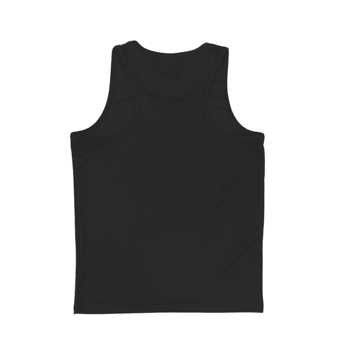 A black youth singlet featuring a simple design and a logo. Ideal for casual or athletic wear.