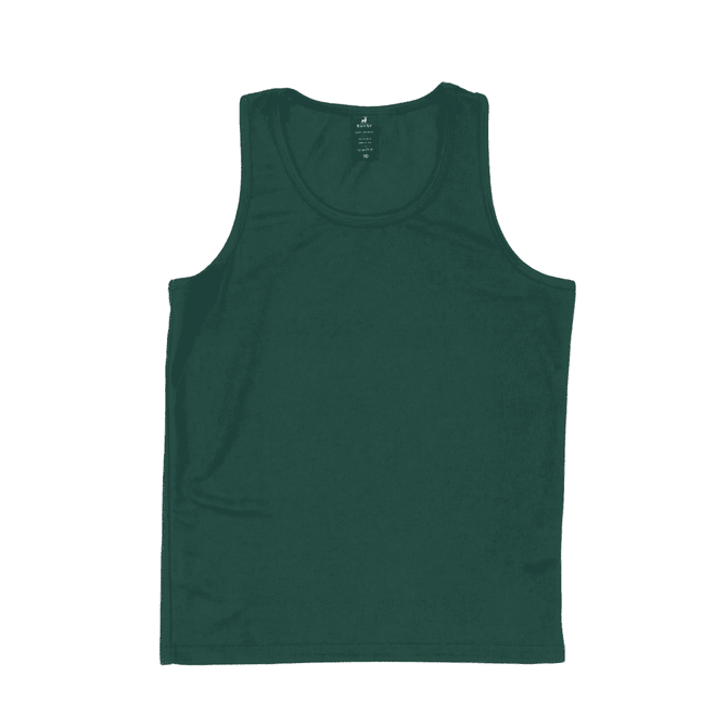 A green youth core singlet with a plain design and a label at the neckline. It has a logo on the label.