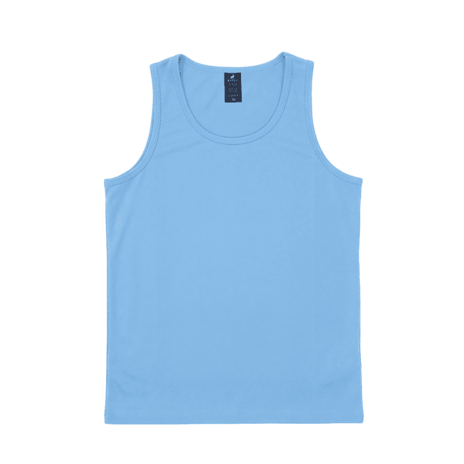 A light blue youth singlet with a plain design and a branding label at the neckline.