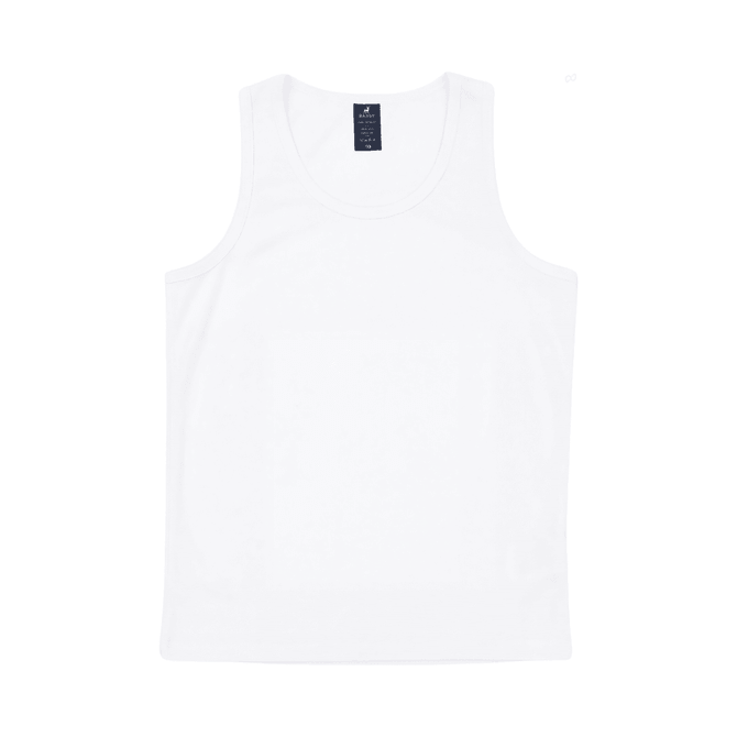A white youth singlet featuring a round neckline and a logo on the label.