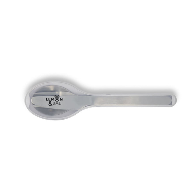 A stainless steel spoon with a shiny finish and a logo. Suitable for serving or enjoying various dishes.