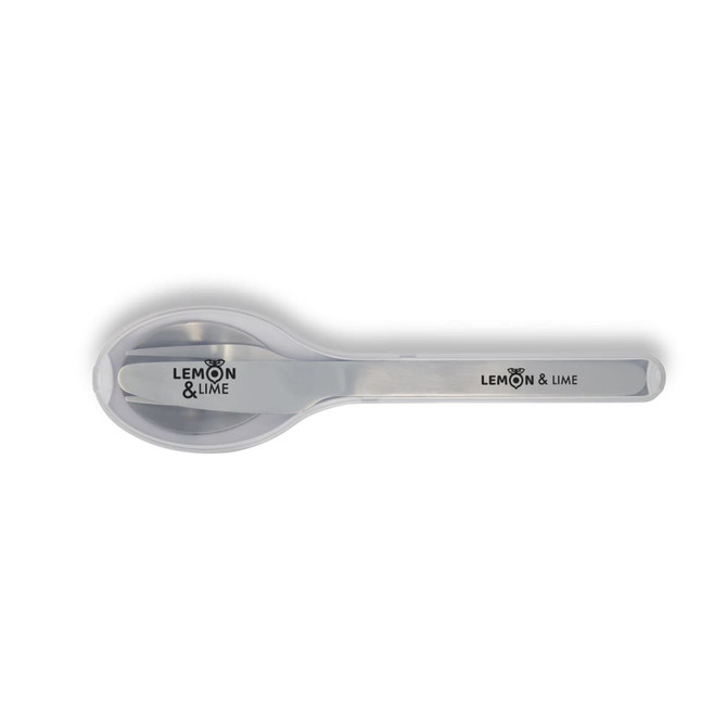 A stainless steel spoon with a clear handle, featuring a logo. Part of the Juniper Cutlery Set.