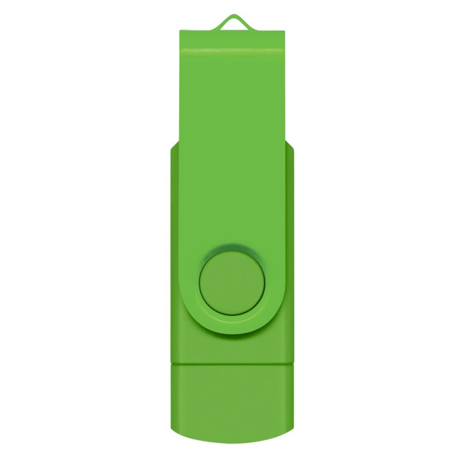 A green Helix 8GB dual flash drive with a swivel design and a circular button. It features a logo on the surface.