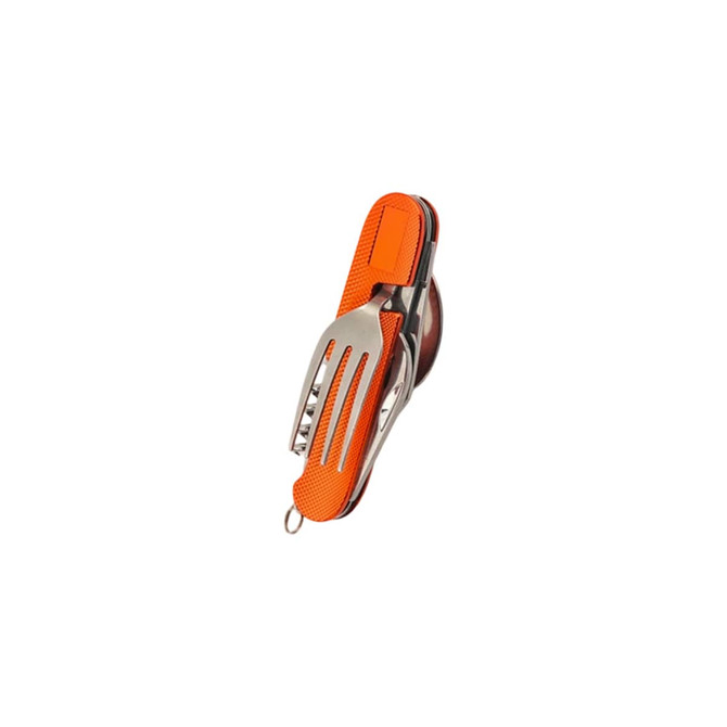 An orange multi-function camping utensil featuring a fork, knife, and various tools, with a silver stainless steel finish.