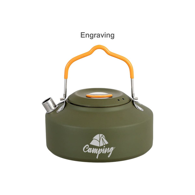 A green camping kettle with an orange handle, featuring a spout and a lid, includes a logo on the side.