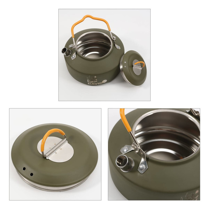 A green camping kettle with a stainless steel interior, featuring a lid and an orange handle. It has a logo.