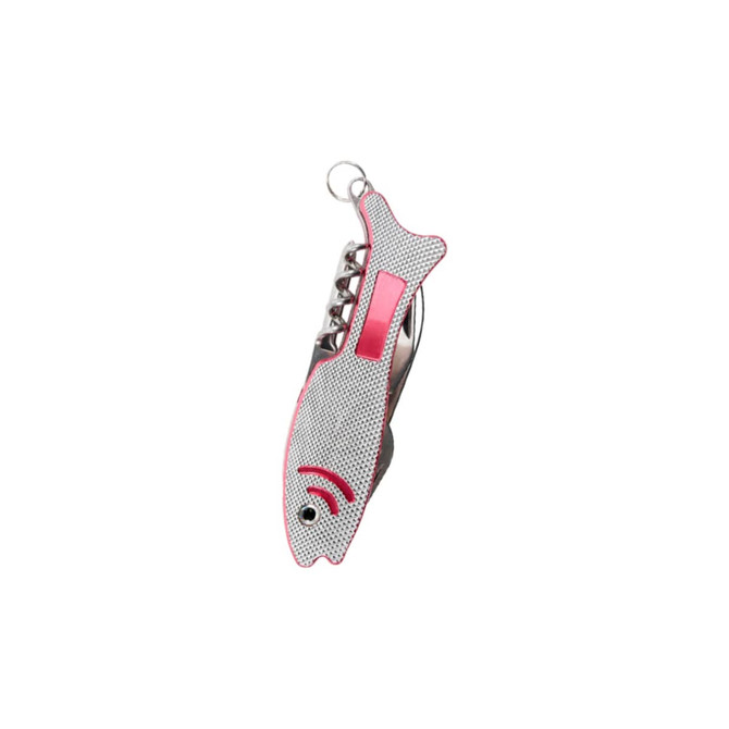 A silver and pink fish-shaped multitool with a keyring attachment, featuring various tools and a logo.