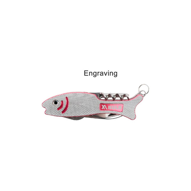 A silver multitool in the shape of a fish, featuring pink accents and a keyring attachment.