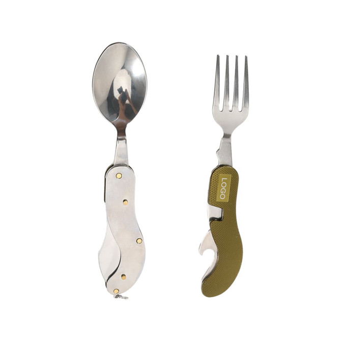 Camping cutlery set featuring a silver spoon and fork with a brown handle, includes a logo. Perfect for outdoor dining.