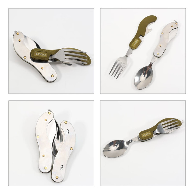 A camping cutlery set featuring a green handle, including a fork and spoon, with a compact folding design.