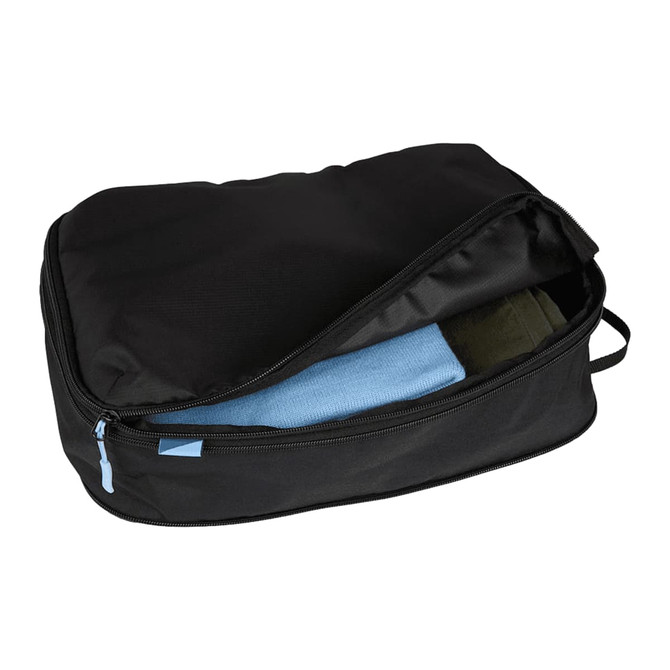 A black compression packing cube set with folded clothes visible inside. Features a zipper and a handle.