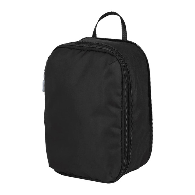 A black compression packing cube with a zipper and a top handle for easy carrying.
