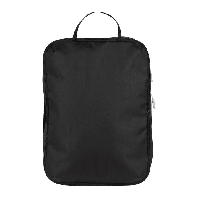 A black packing cube with a handle and zipped compartments, designed for organisation and storage.