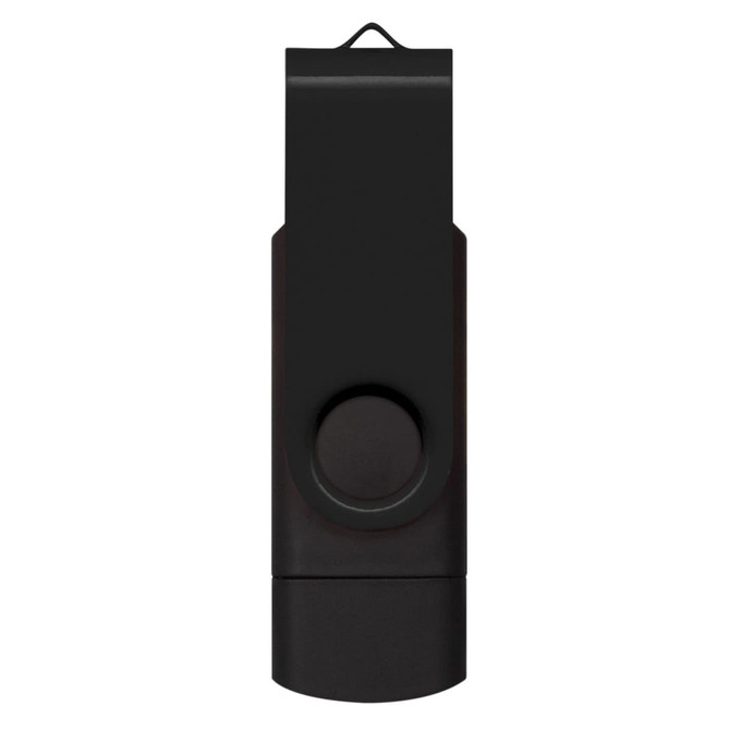 A black dual flash drive with a swivel cover and a small loop for attaching to keychains.