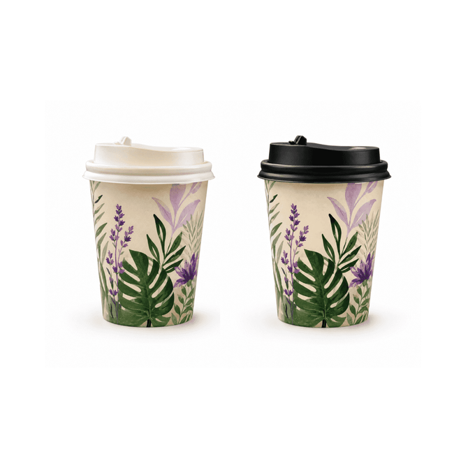 Two single-walled paper cups, one with a white lid and one with a black lid, featuring floral and leafy designs.