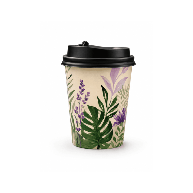 A single walled paper cup featuring a floral design in green and purple, topped with a black lid.