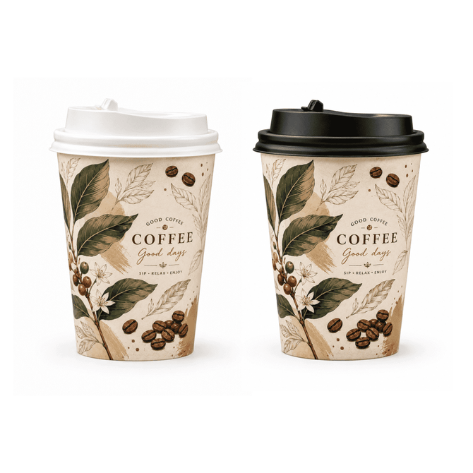 A single walled paper cup set, featuring two designs in cream and brown, with white and black lids, and a logo.