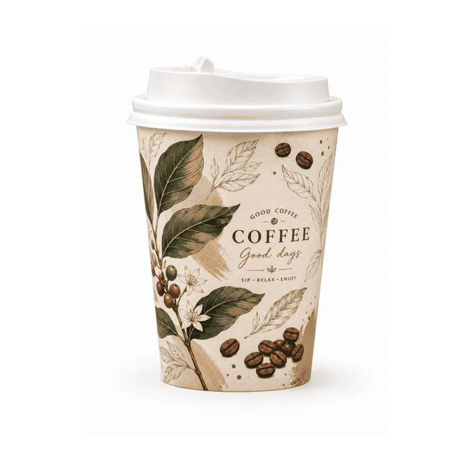 A single-walled paper cup in earthy tones, featuring illustrations of coffee beans and leaves, with a white lid.