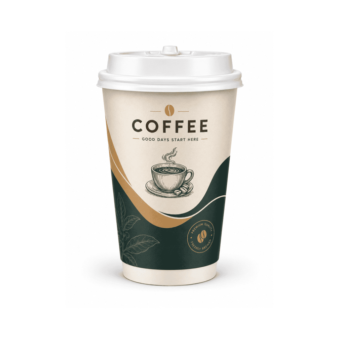 A double walled paper cup featuring a coffee design, predominantly in white, green, and gold, with a lid.