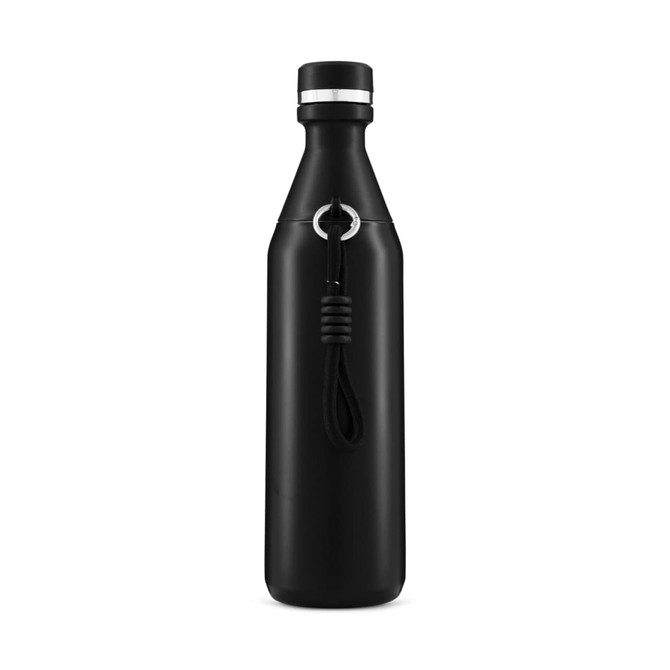 A drink bottle in sleek black with a silver top and a handle, featuring a logo on the side.