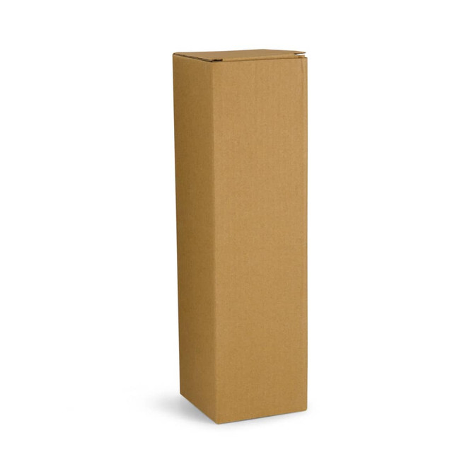 A tall, plain brown cardboard box without any branding or markings.