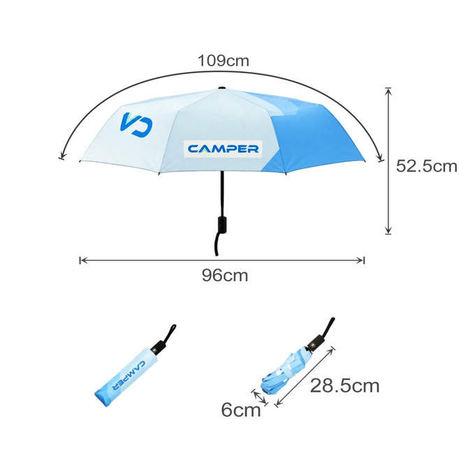 An anti-rebound folding umbrella in blue and white, with dimensions and a logo displayed.