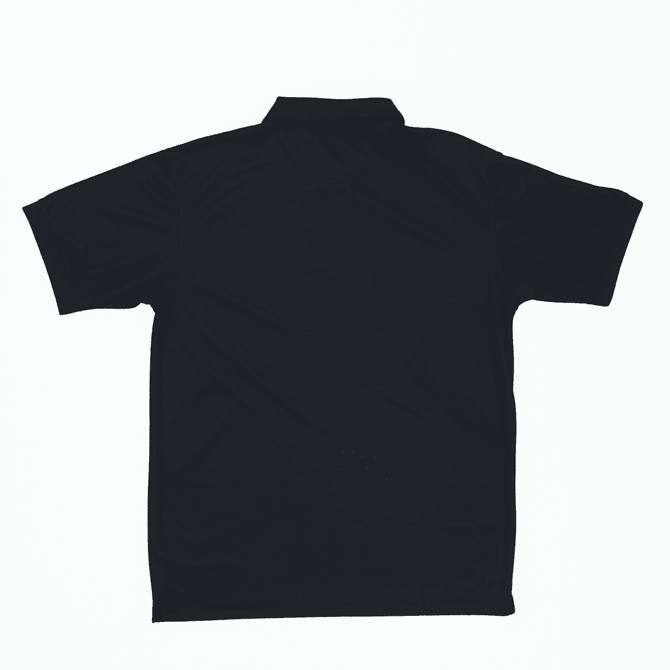 A black polo shirt featuring a collar and short sleeves, with a subtle branding logo.