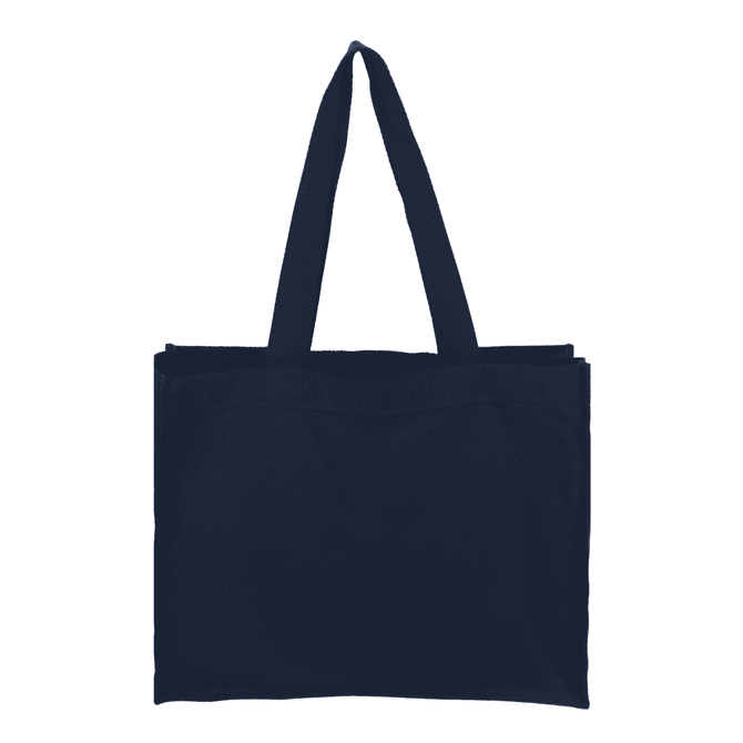A navy canvas bag with two handles and a simple design. The bag includes a logo on one side.