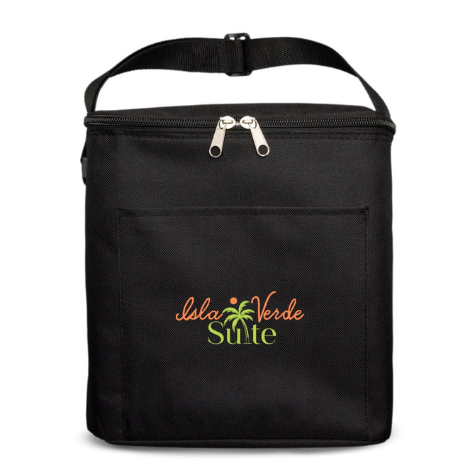 A black insulated bag with a zip closure and a logo on the front. It features a carry handle and a front pocket.