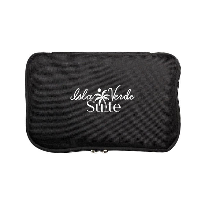 A black zippered travel pouch featuring a logo with a palm tree design.