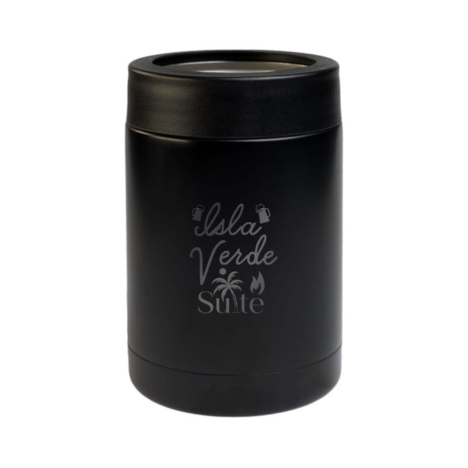 A black drink bottle with a silver interior and a subtle logo on the front.