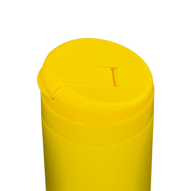 A yellow coffee cup with a round lid and a small opening for drinking, featuring a logo on the side.