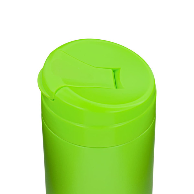 A drink bottle in bright green with a flip-top lid and a smooth finish. Features a logo.
