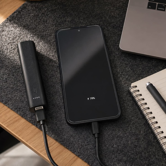 A black 5,000mAh power bank connected to a smartphone on a desk with a laptop and notebook.