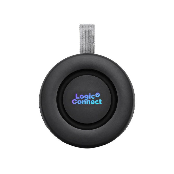 A round black speaker with a grey strap, featuring a logo in vibrant colours.