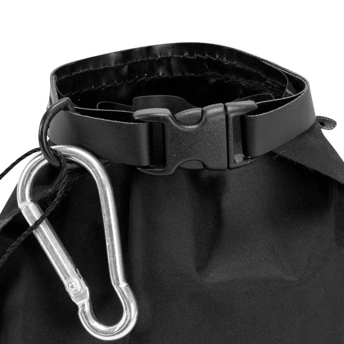 A black bag featuring a clip closure and a silver carabiner attached.