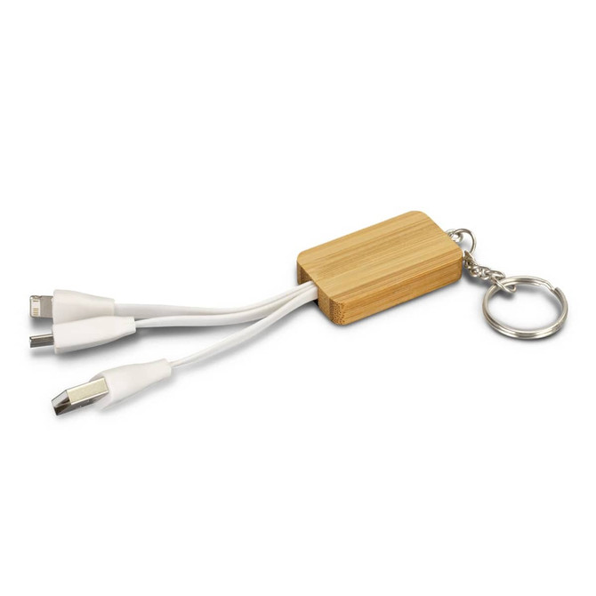 A bamboo charging cable key ring with white connectors for various devices, featuring a keyring attachment.
