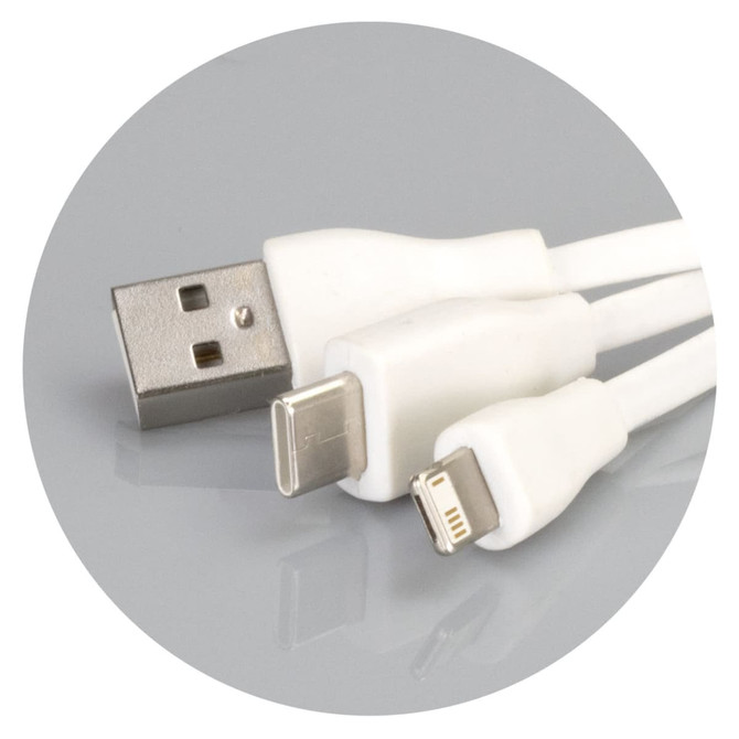 A round bamboo charging cable key ring in white, featuring USB, USB-C, and Lightning connectors.