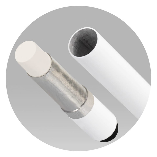An Infinity Inkless Stylus Pen in white with a metallic section and a rounded tip. It has a sleek design and a logo.