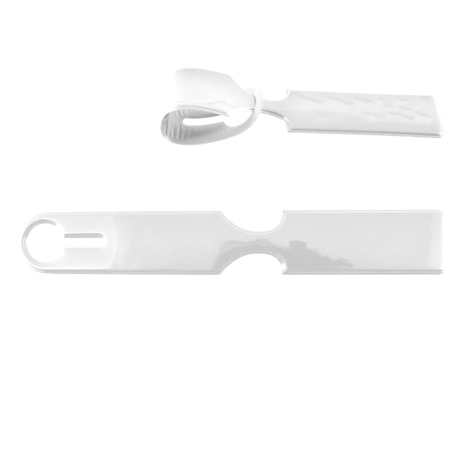 A white luggage tag featuring a loop attachment and a flat body for personalization.