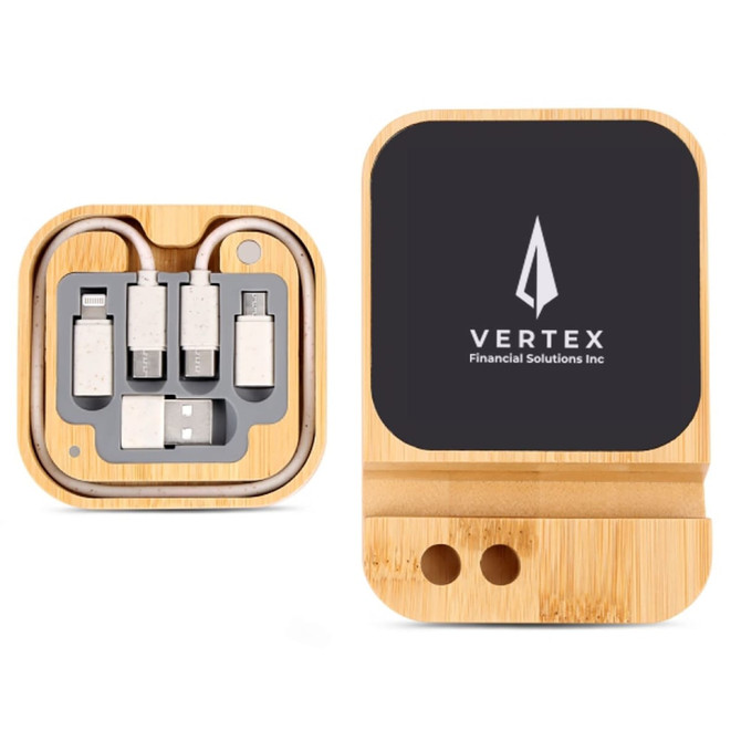 A wireless charger set made of bamboo, featuring multiple charging cables and a logo on the front.