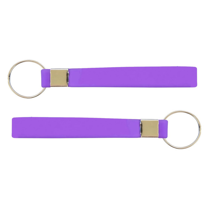 A purple silicone strap keytag featuring a metal attachment for keys, displayed from two angles.