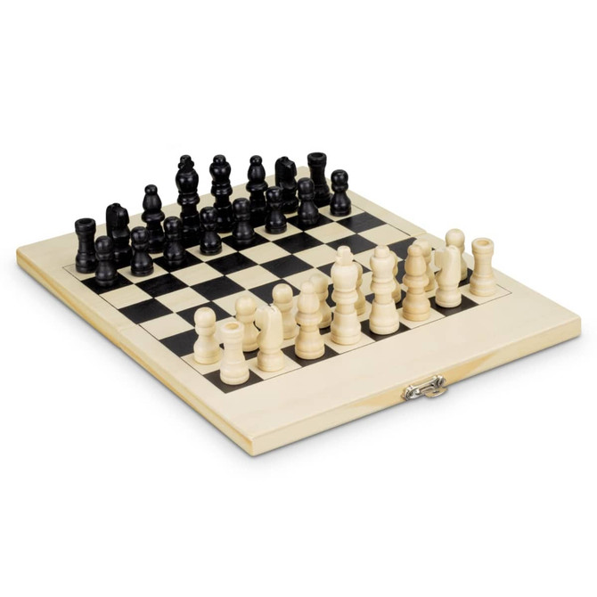 A travel chess set featuring a black and white checkered board with wooden pieces in black and cream. Folding design with a clasp.