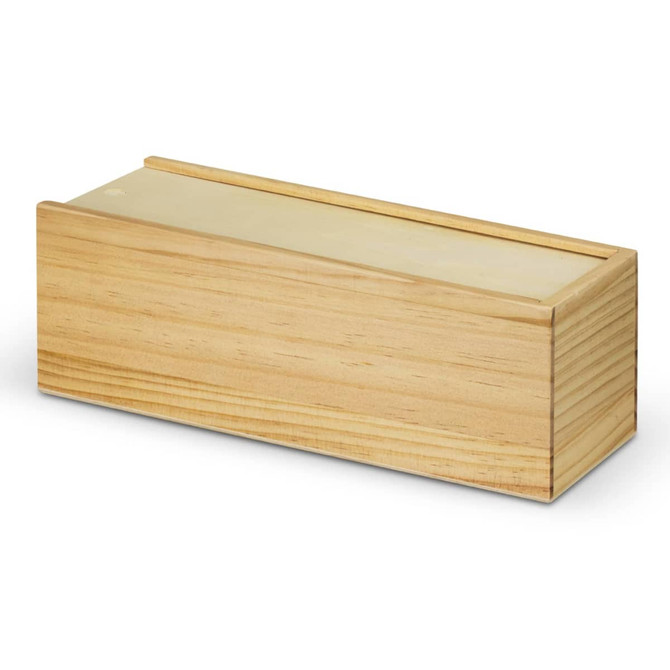 A wooden brain teaser set in a simple rectangular wooden box with a smooth finish.