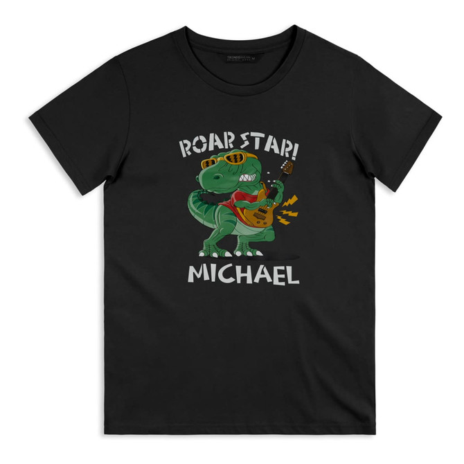 A black adult t-shirt featuring a dinosaur playing guitar with sunglasses and a graphic design.