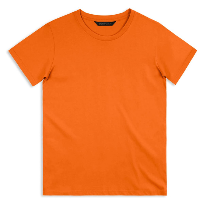 An orange men's t-shirt with a regular fit and short sleeves, featuring a logo on the neckline.